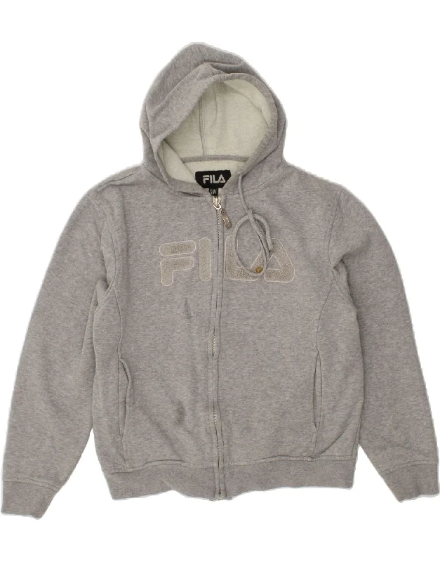 FILA Womens Oversized Graphic Zip Hoodie Sweater UK 10 Small Grey Cotton Zippered Buttoned Snapped