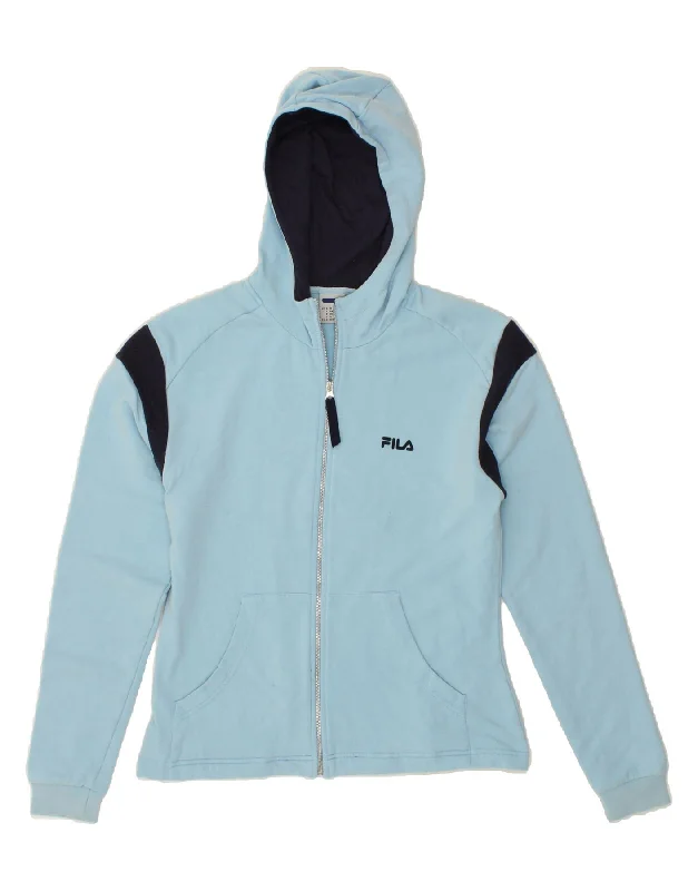 FILA Womens Zip Hoodie Sweater IT 44 Medium Blue Colourblock Cotton Graphic Sweater Embroidered Appliqued