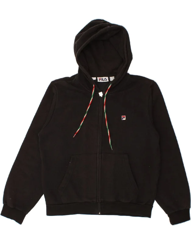 FILA Womens Zip Hoodie Sweater UK 14 Medium Black Cotton Open Front Closed Front Wrap Front
