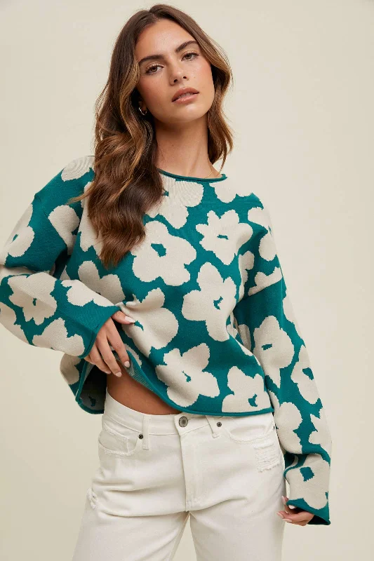 FLORAL JACQUARD RELAXED CROP SWEATER Open Front Closed Front Wrap Front