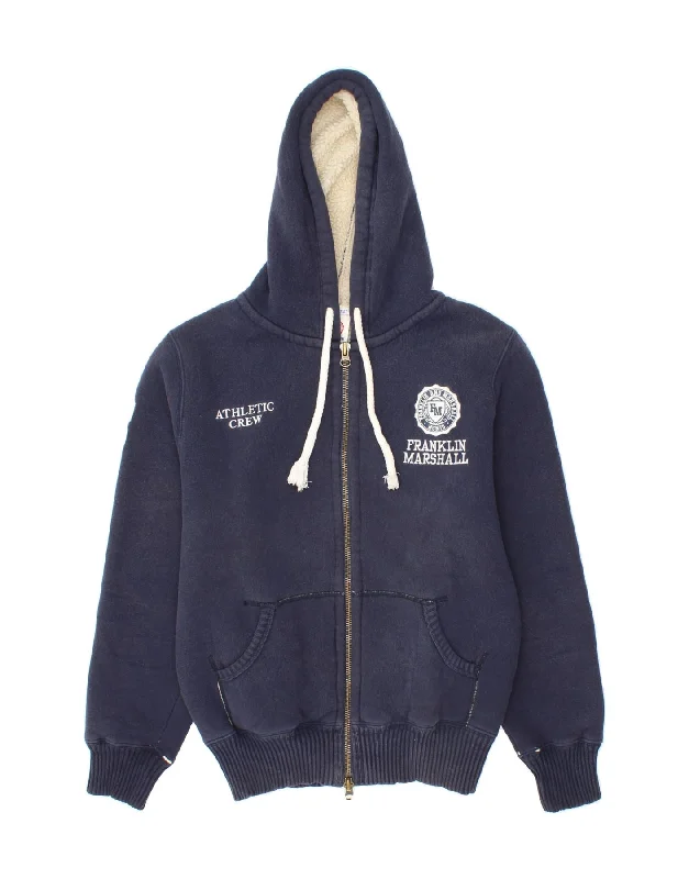 FRANKLIN MARSHALL Mens Graphic Zip Hoodie Sweater Medium Navy Blue Slim Fit Regular Fit Oversized