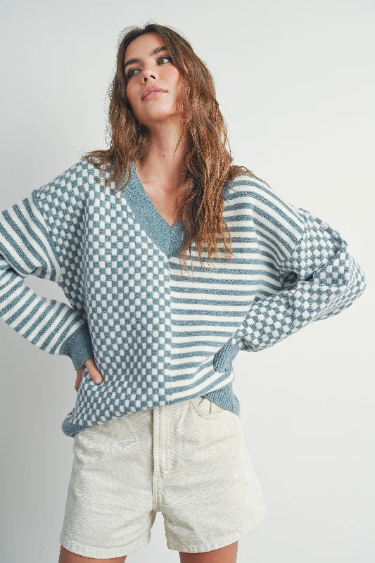 Checker Sweater- Blue Wool Sweater Cotton Sweater Cashmere Sweater