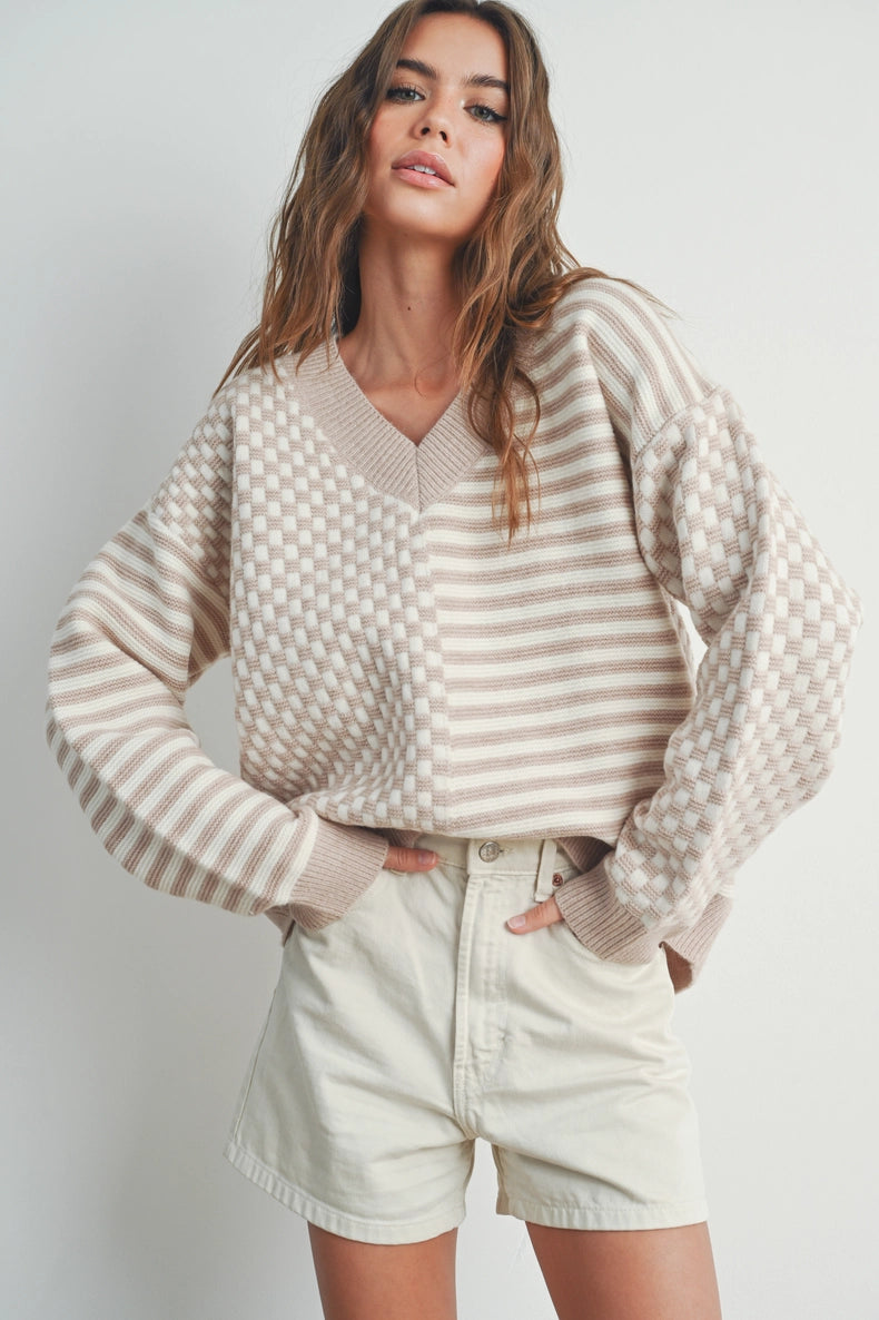 Checker Sweater: Taupe Long Sweater Short Sweater Cropped Sweater