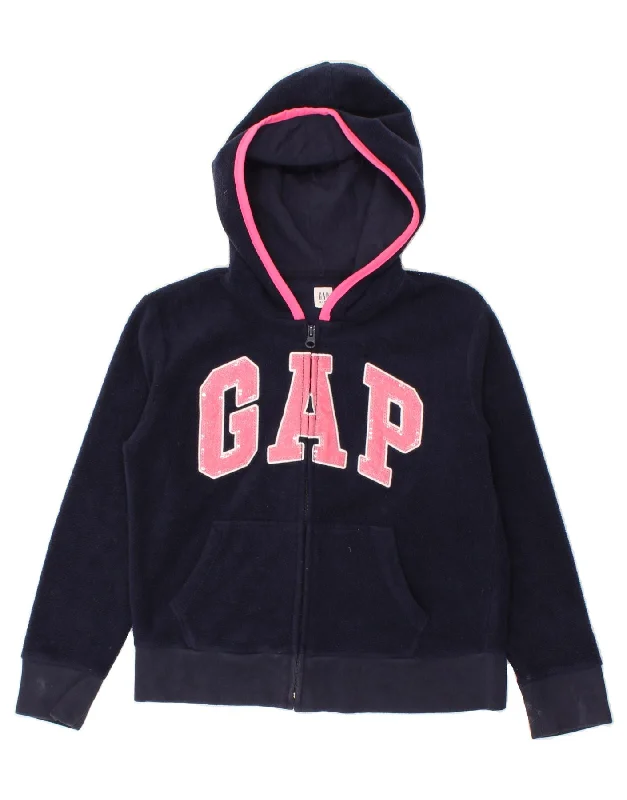 GAP Girls Graphic Fleece Zip Hoodie Sweater 12-13 Years XL Navy Blue Fitted Slim Tailored
