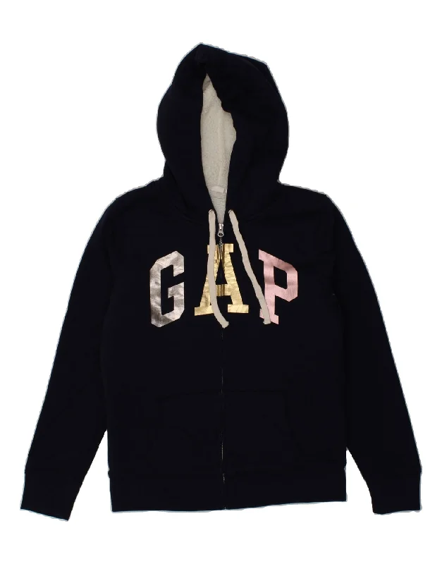 GAP Womens Graphic Zip Hoodie Sweater UK 14 Medium Navy Blue Cotton Tailored Straight A-Line