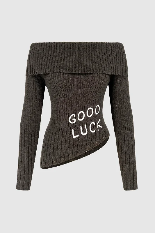 GOOD LUCK Distressed Off-Shoulder Sweater Stretchy Elastic Breathable