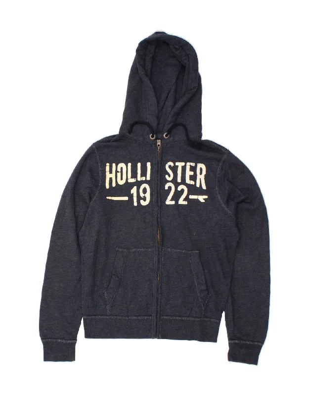 HOLLISTER Mens Graphic Zip Hoodie Sweater Medium Navy Blue Flecked Cotton Fleece Fabric Down Fabric Feather Fabric