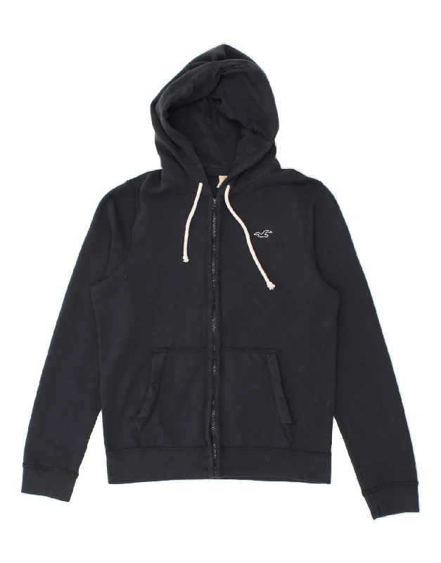 HOLLISTER Mens Zip Hoodie Sweater Medium Navy Blue Cotton Notch Collar Peter Pan Collar Cowl Neck