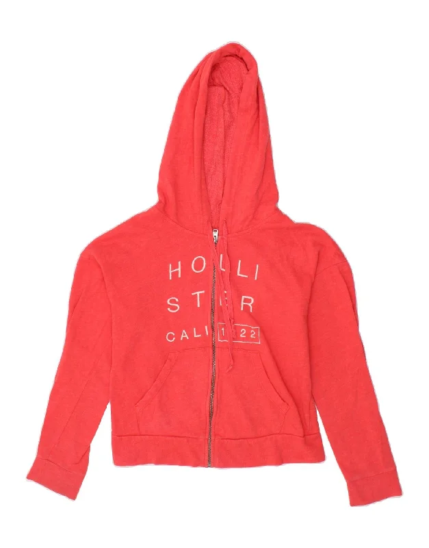 HOLLISTER Womens Crop Graphic Zip Hoodie Sweater UK 10 Small Red Cotton Boxy Sweater Fitted Sweater A-Line