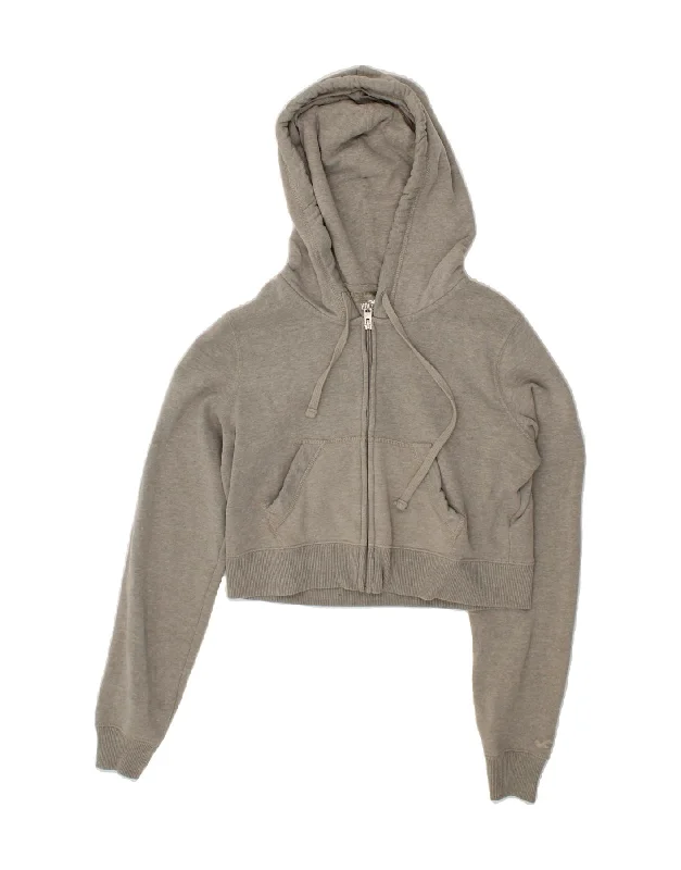 HOLLISTER Womens Crop Zip Hoodie Sweater UK 14 Medium Grey Cotton Chenille Brocade Lace