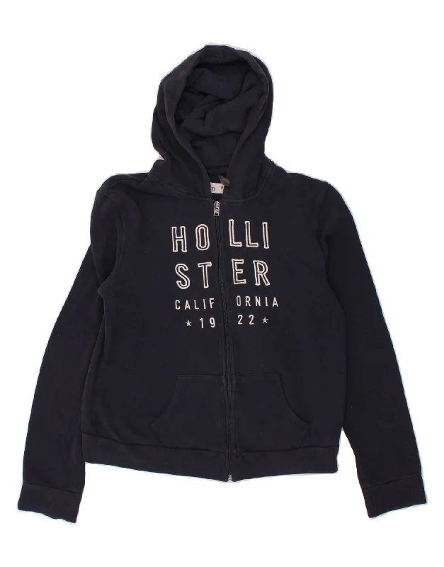 HOLLISTER Womens Graphic Zip Hoodie Sweater UK 14 Medium Navy Blue Cotton Sweater Knitwear Pullover