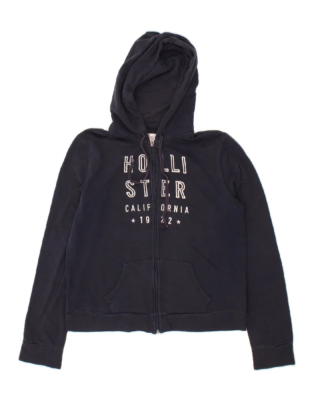 HOLLISTER Womens Graphic Zip Hoodie Sweater UK 16 Large Navy Blue Cotton Handmade Hand-knitted Hand-woven