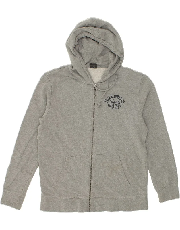 JACK & JONES Mens Zip Hoodie Sweater XL Grey Cotton Solid Color Striped Floral Print