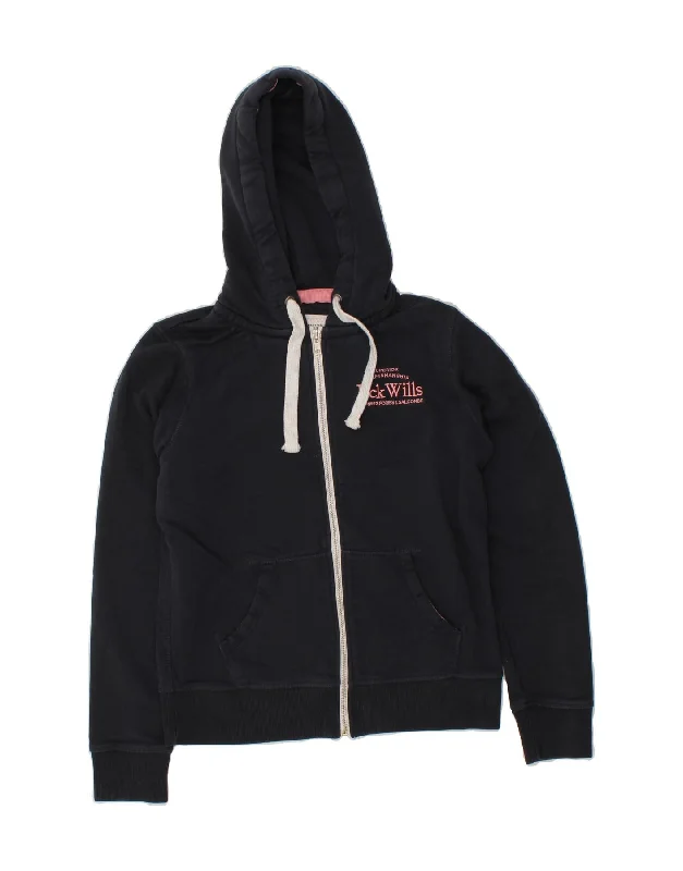 JACK WILLS Womens Graphic Zip Hoodie Sweater UK 10 Small  Navy Blue Cotton Tailored Straight A-Line