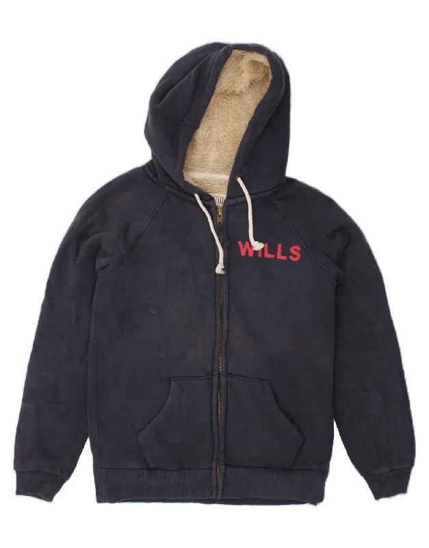 JACK WILLS Womens Graphic Zip Hoodie Sweater UK 12 Medium Navy Blue Cotton Houndstooth Herringbone Solid