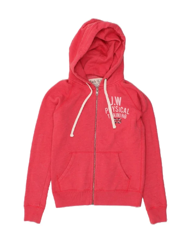 JACK WILLS Womens Graphic Zip Hoodie Sweater UK 8 Small Pink Cotton Print Jacquard Patchwork
