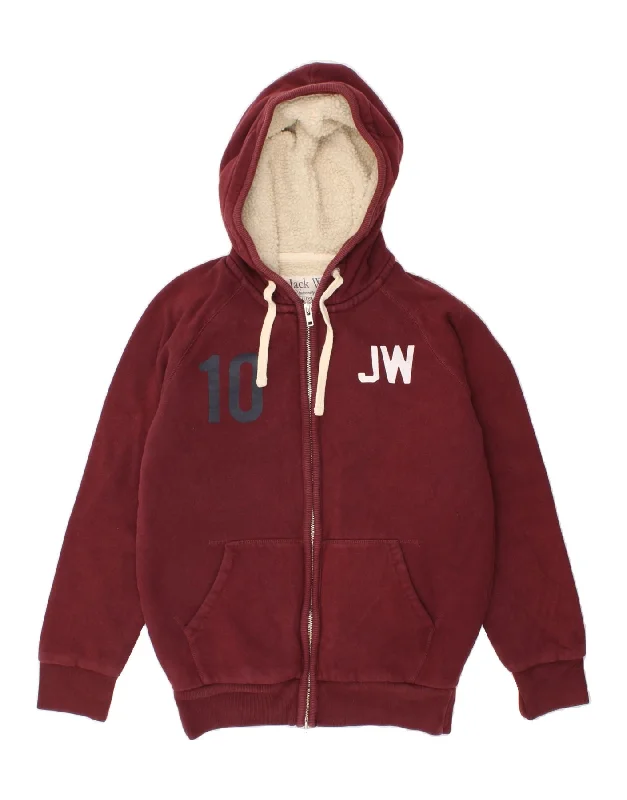 JACK WILLS Womens Oversized Graphic Zip Hoodie Sweater UK 6 XS Burgundy Boat Neck Shawl Collar Notched Collar