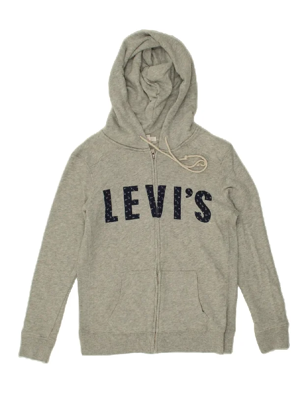 LEVI'S Womens Graphic Zip Hoodie Sweater UK 6 XS Grey Cotton Slim Fit Regular Fit Oversized