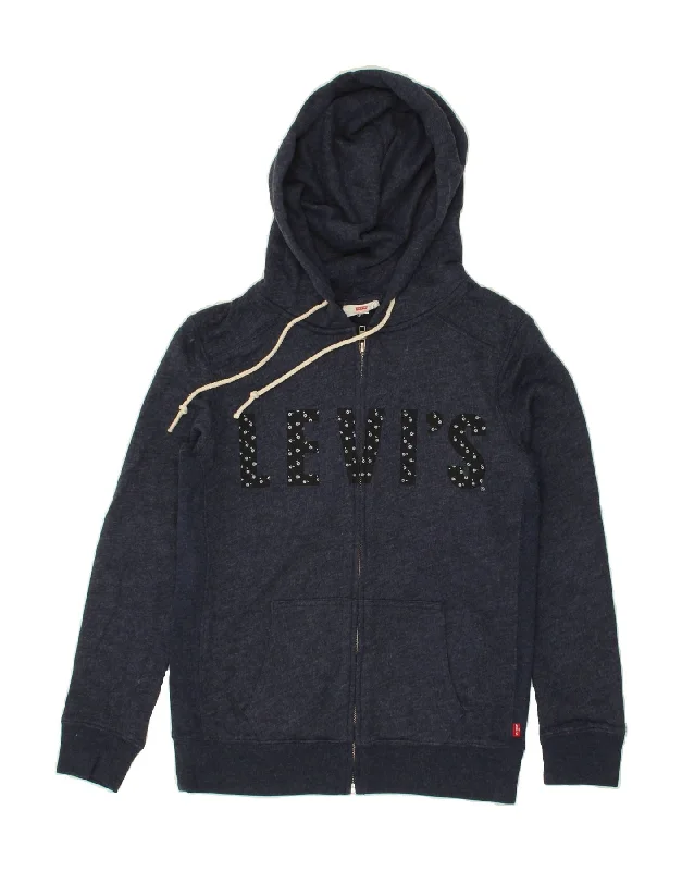 LEVI'S Womens Graphic Zip Hoodie Sweater UK 6 XS Navy Blue Cotton Plaid Sweater Polka Dot Checkered