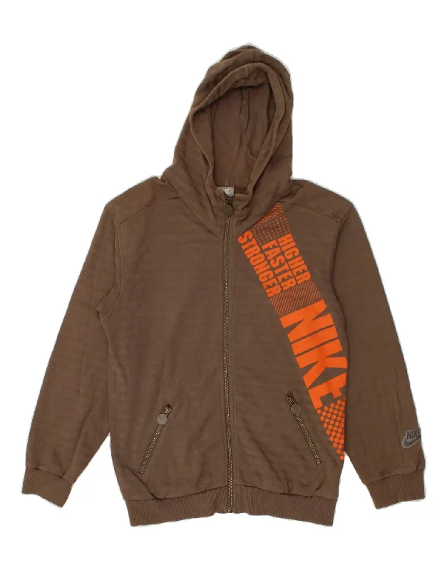 NIKE Girls Graphic Zip Hoodie Sweater 10-11 Years Medium Brown Cotton Tailored Straight A-Line