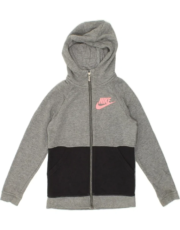 NIKE Girls Graphic Zip Hoodie Sweater 10-11 Years Medium Grey Colourblock Print Jacquard Patchwork