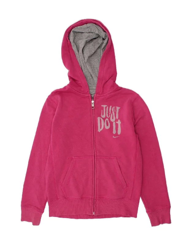 NIKE Girls Graphic Zip Hoodie Sweater 10-11 Years Medium Pink Cotton Machine Wash Dry Clean Hand Wash