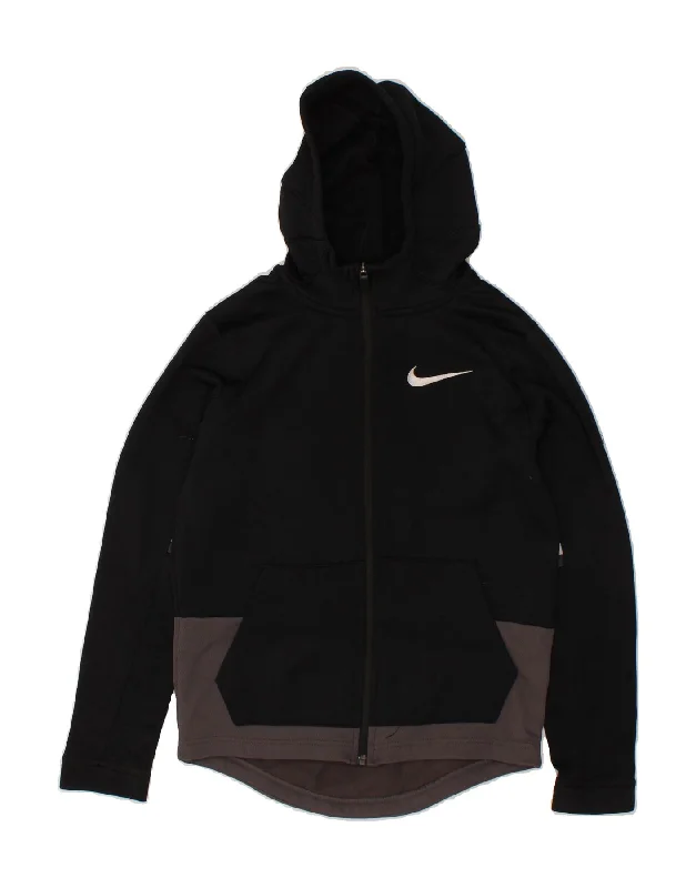 NIKE Girls Graphic Zip Hoodie Sweater 12-13 Years Large Black Colourblock Collared Crew Neck Turtle Neck