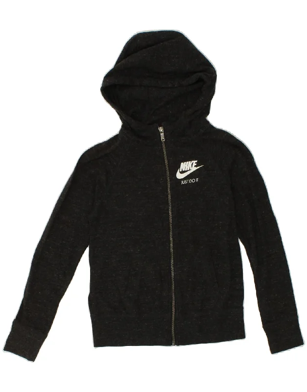 NIKE Girls Zip Hoodie Sweater 10-11 Years Medium Grey Flecked Polyester Houndstooth Herringbone Solid