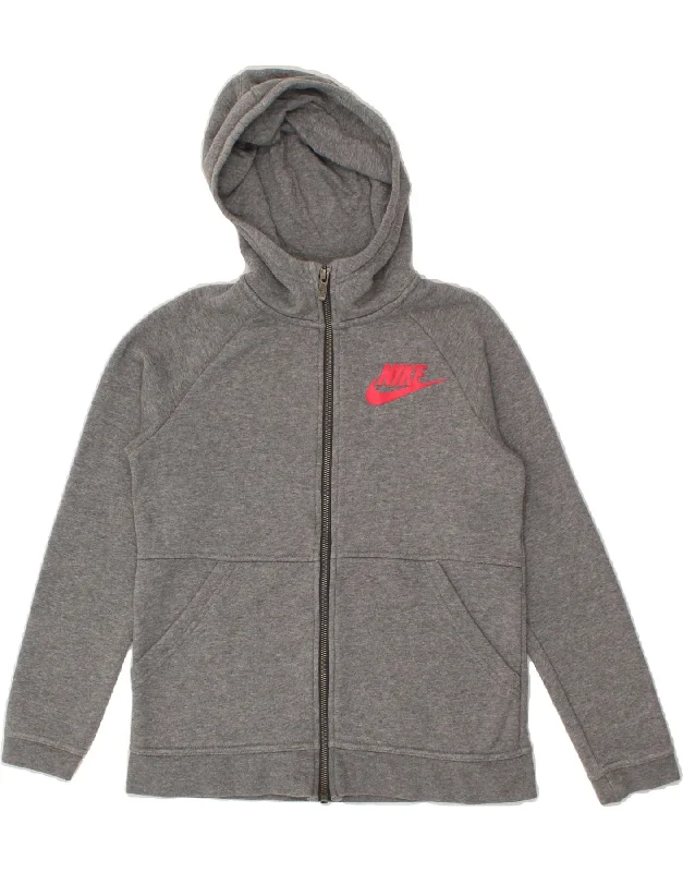 NIKE Girls Zip Hoodie Sweater 12-13 Years Large Grey Cotton Layered Multi-layer Single Layer