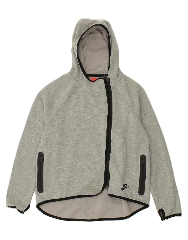 NIKE Girls Zip Hoodie Sweater 12-13 Years Large Grey Flecked Cotton Hooded Sweater Collared Sweater Shawl Collar