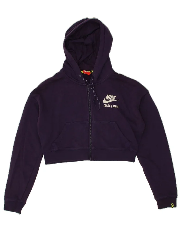 NIKE Womens Crop Graphic Zip Hoodie Sweater UK 14 Medium Purple Solid Color Striped Floral Print