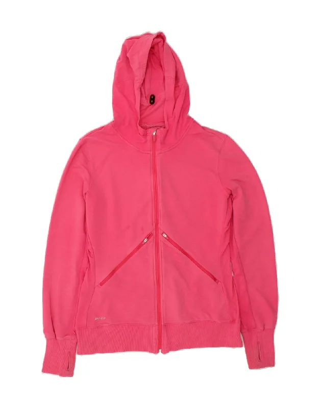 NIKE Womens Dri Fit Zip Hoodie Sweater UK 16 Large Pink Cotton Elegant Classic Vintage