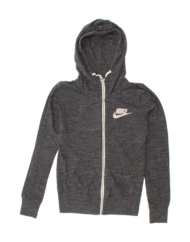 NIKE Womens Graphic Zip Hoodie Sweater UK 10 Small Grey Flecked Cotton Collared Crew Neck Turtle Neck