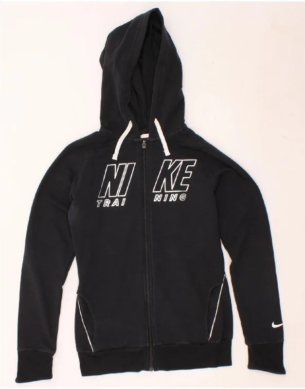 NIKE Womens Graphic Zip Hoodie Sweater UK 10 Small Navy Blue Cotton Fitted Slim Tailored