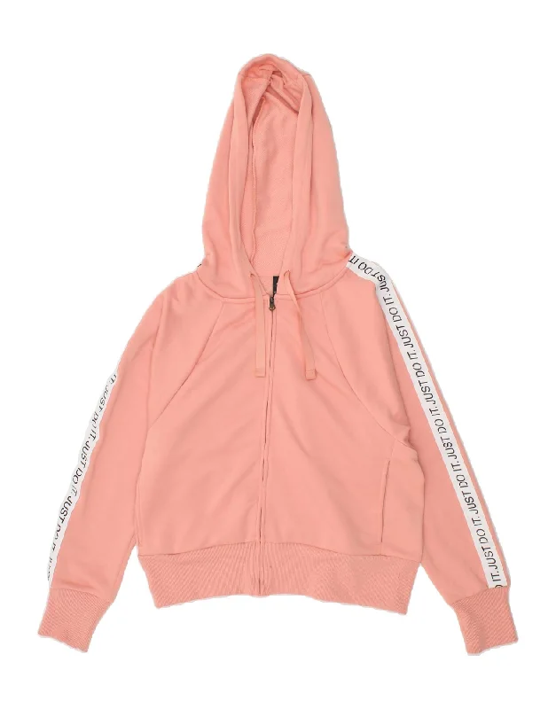 NIKE Womens Oversized Graphic Zip Hoodie Sweater UK 6 XS Pink Polyester High Neck Crew Neck V-Neck