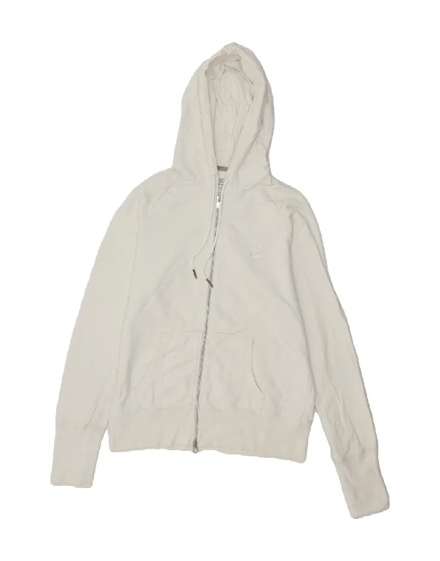 NIKE Womens Zip Hoodie Sweater UK 14/16 Large White Cotton Fleece Sweater Nylon Polyester