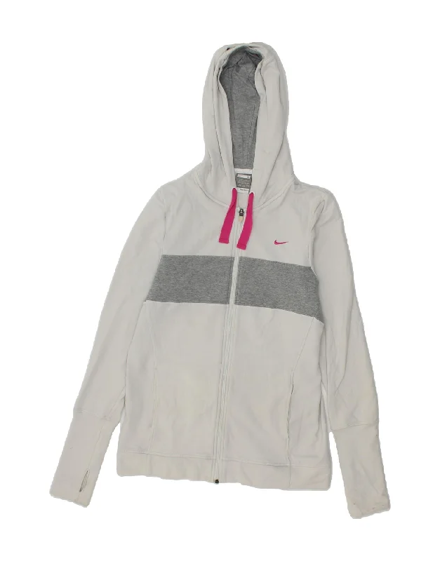 NIKE Womens Zip Hoodie Sweater UK 16/18 Large White Colourblock Cotton Wool Fabric Cashmere Fabric Tweed Fabric