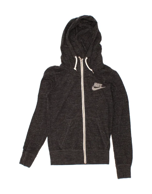 NIKE Womens Zip Hoodie Sweater UK 6 XS Grey Cotton Embroidered Appliqued Beaded