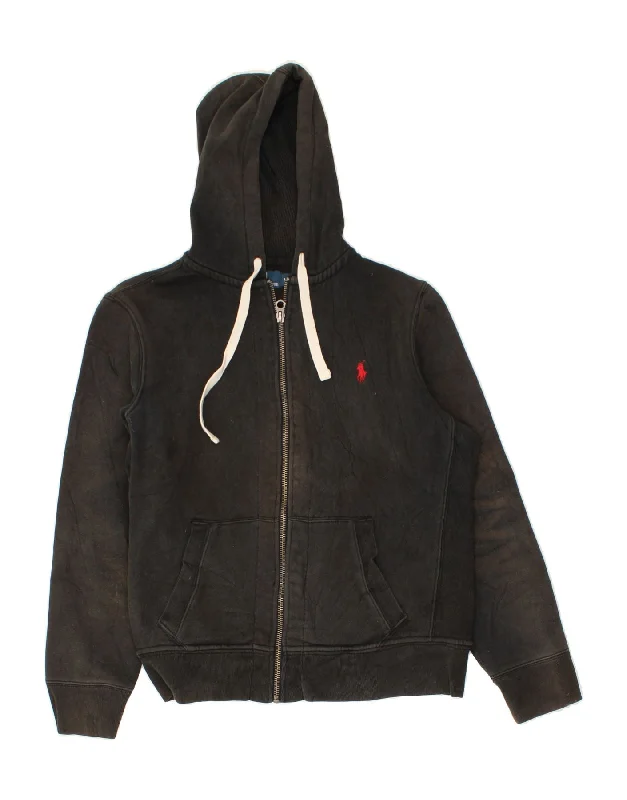 POLO RALPH LAUREN Mens Zip Hoodie Sweater Medium Black Cotton Hooded Caped Shawl Collar