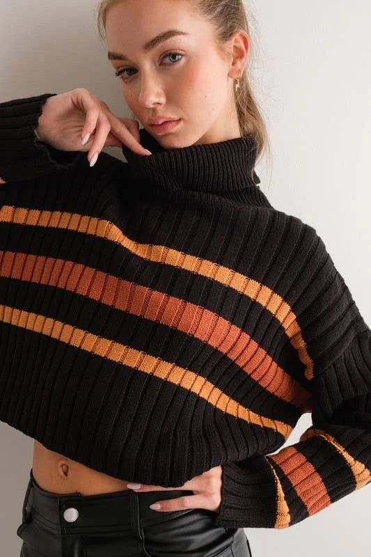 Striped Turtleneck Sweater - Black Multi Welt Pockets Slit Pockets Flap Pockets