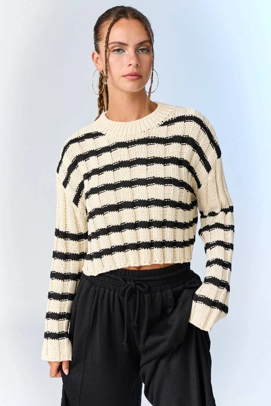 Copped Striped Sweater: Cream/Black Nylon Fabric Polyester Fabric Spandex Fabric