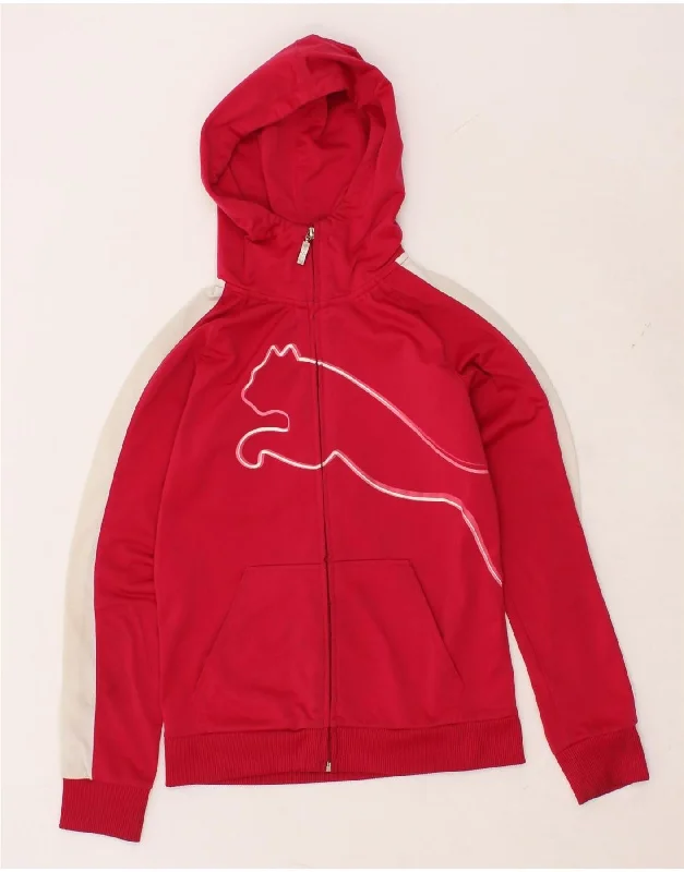 PUMA Girls Graphic Zip Hoodie Sweater 13-14 Years XL Red Colourblock Zippered Front Buttoned Front Snap Front