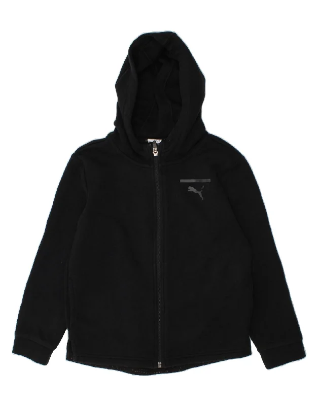 PUMA Girls Graphic Zip Hoodie Sweater 7-8 Years Black Cotton Iron Safe Non-Iron Wrinkle Free