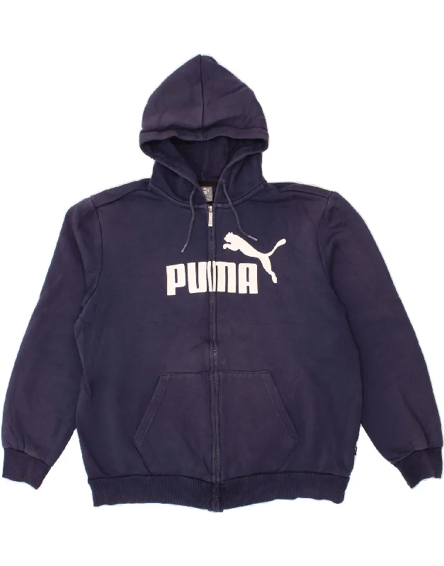 PUMA Mens Graphic Zip Hoodie Sweater Large Navy Blue Cotton Embroidered Appliqued Beaded