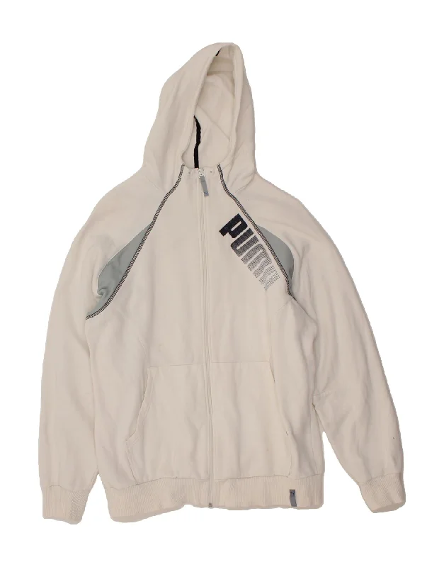 PUMA Mens Graphic Zip Hoodie Sweater Large Off White Colourblock Polyester Hooded Caped Shawl Collar