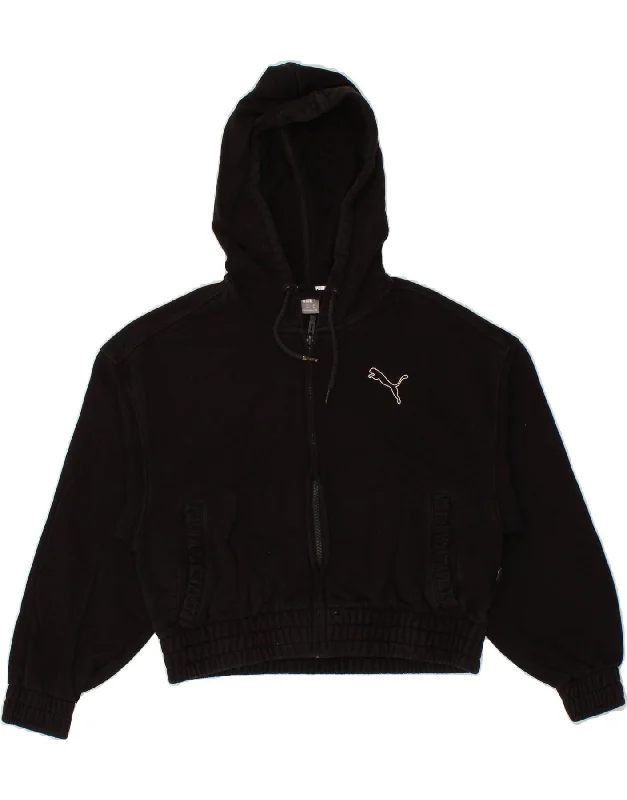PUMA Womens Oversized Crop Zip Hoodie Sweater UK 6 XS Black Cotton Satin Blend Silk Blend Wool Blend