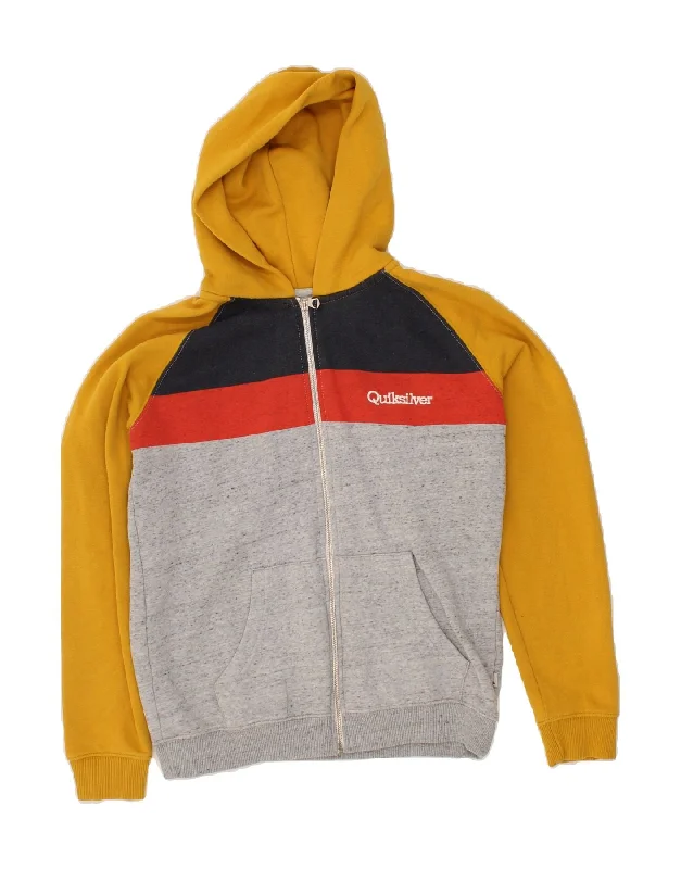 QUIKSILVER Womens Zip Hoodie Sweater UK 14 Medium  Yellow Colourblock Front Pockets Side Pockets Patch Pockets