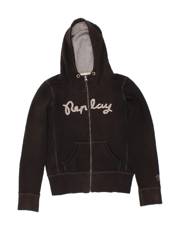 REPLAY Womens Zip Hoodie Sweater UK 14 Medium Black Cotton Glossy Satin Silk