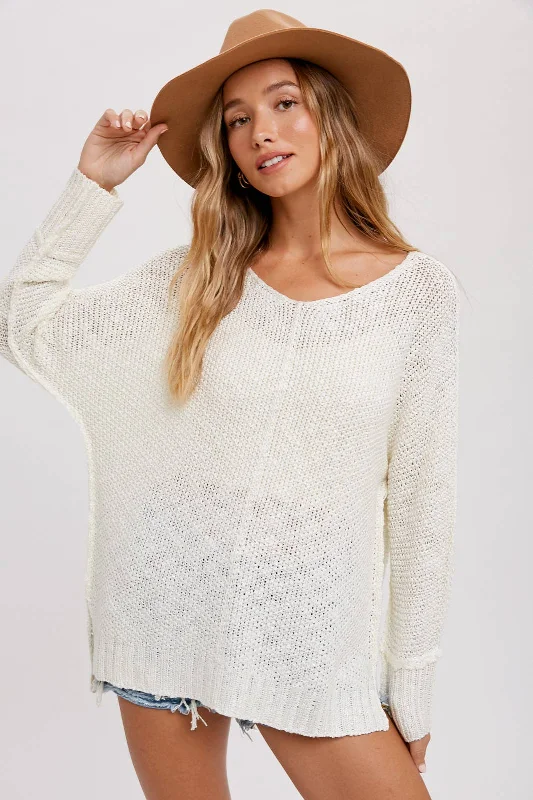 Reverse Seam Loose Fit Sweater: CREAM Mesh Fabric Canvas Fabric Denim Fabric
