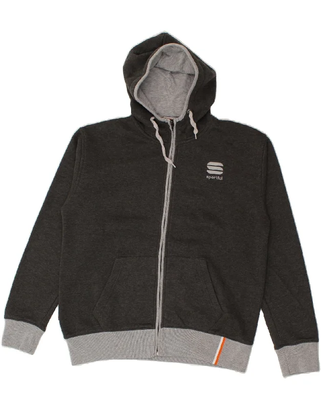SPORTFUL Mens Graphic Zip Hoodie Sweater Large Grey Cotton Zippered Buttoned Snapped